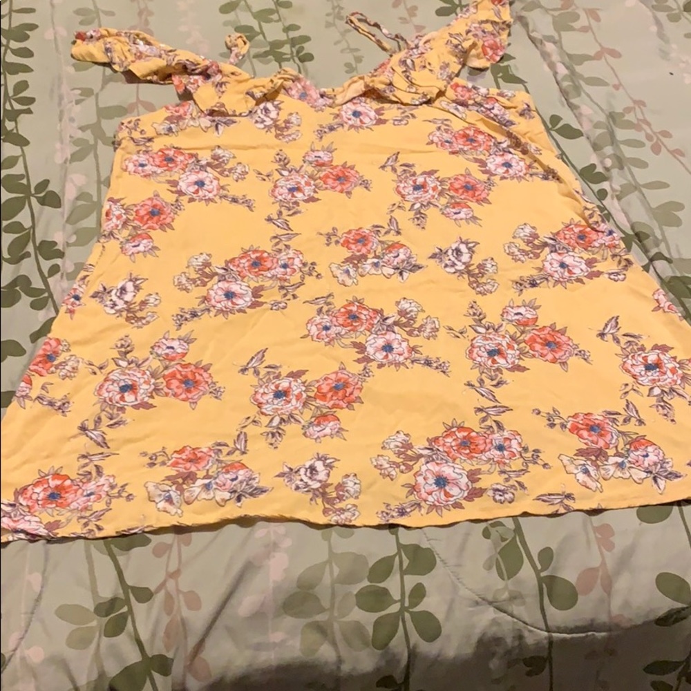 Yellow dress with orange pink brown flowers